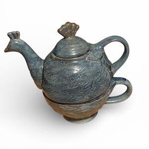 World Market Tea For One Glazed Blue  Teapot 3 pieces